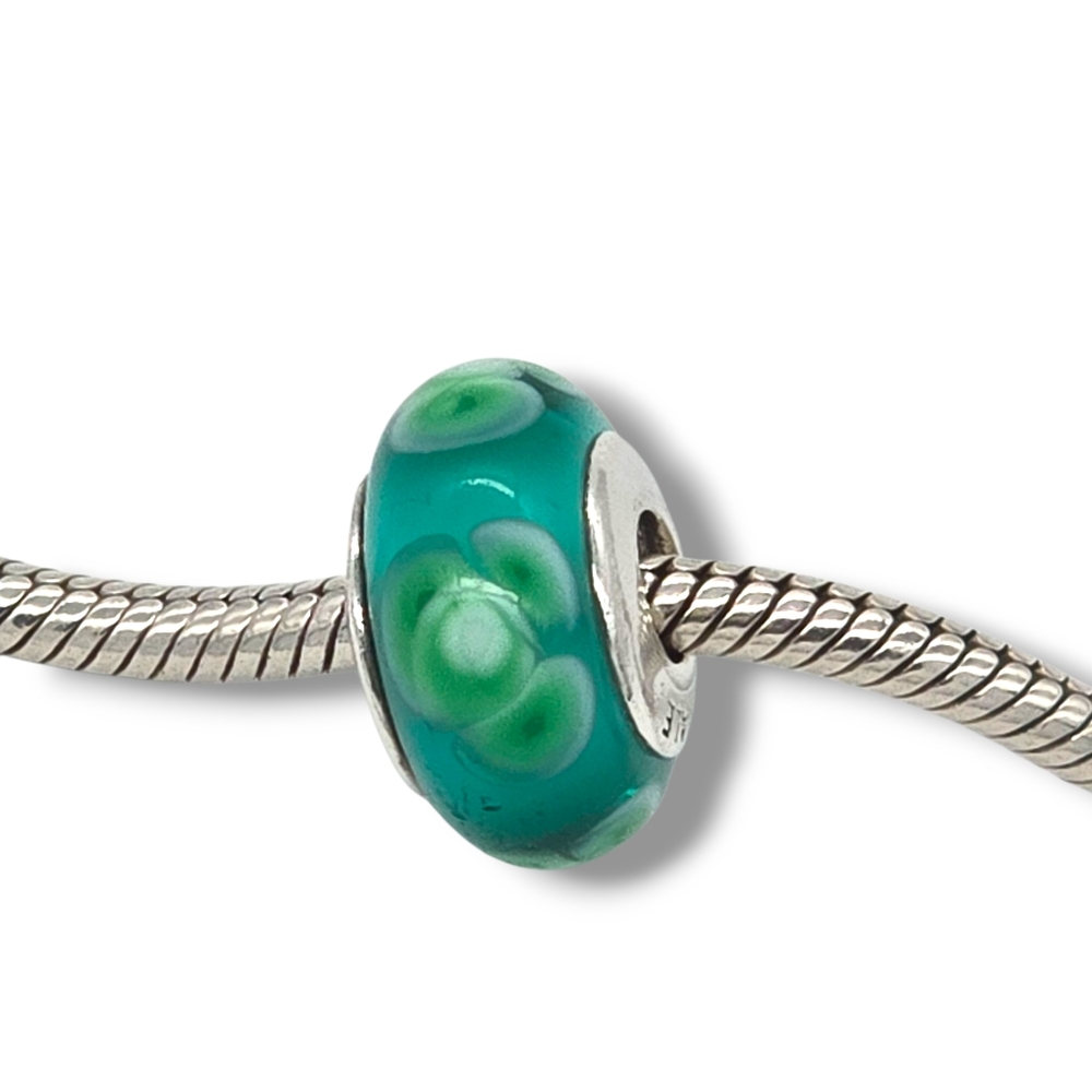 PANDORA Flowers For You Turquoise Green Murano Glass Bead Charm Retired - Picture 8 of 16